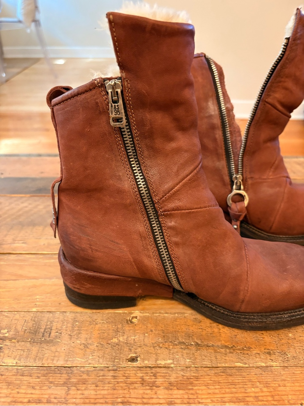 A.S.98 Chestnut Brown Leather Double-Side-Zip Ankle Boots with Fur Lining